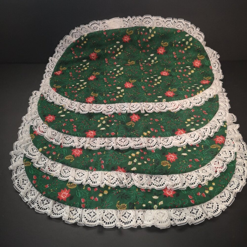 Set of 4 Handmade Christmas Fabric Reversible Placemats with White Lace Trim
